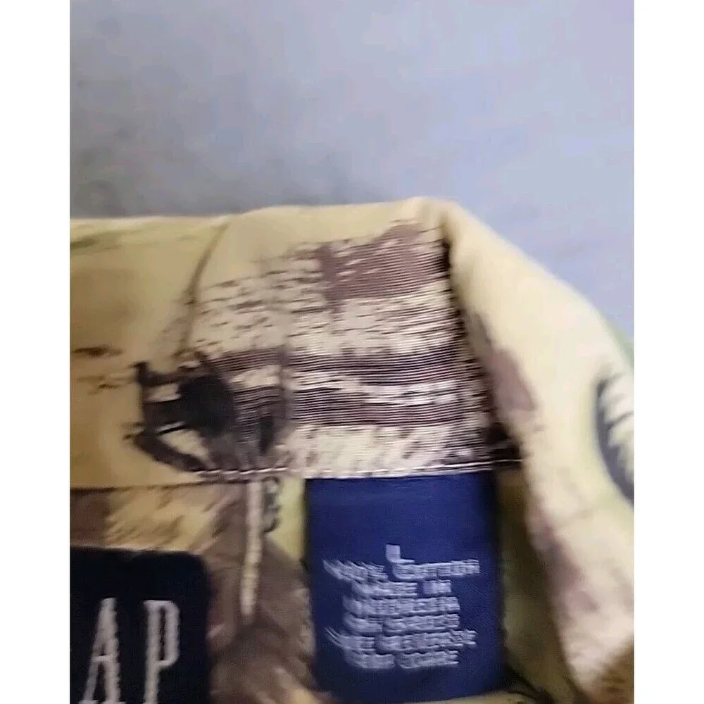 Vintage GAP‎ Hawaiian Shirt Mens L Brown Tiki Hut Native Cotton Pocket Dad Camp